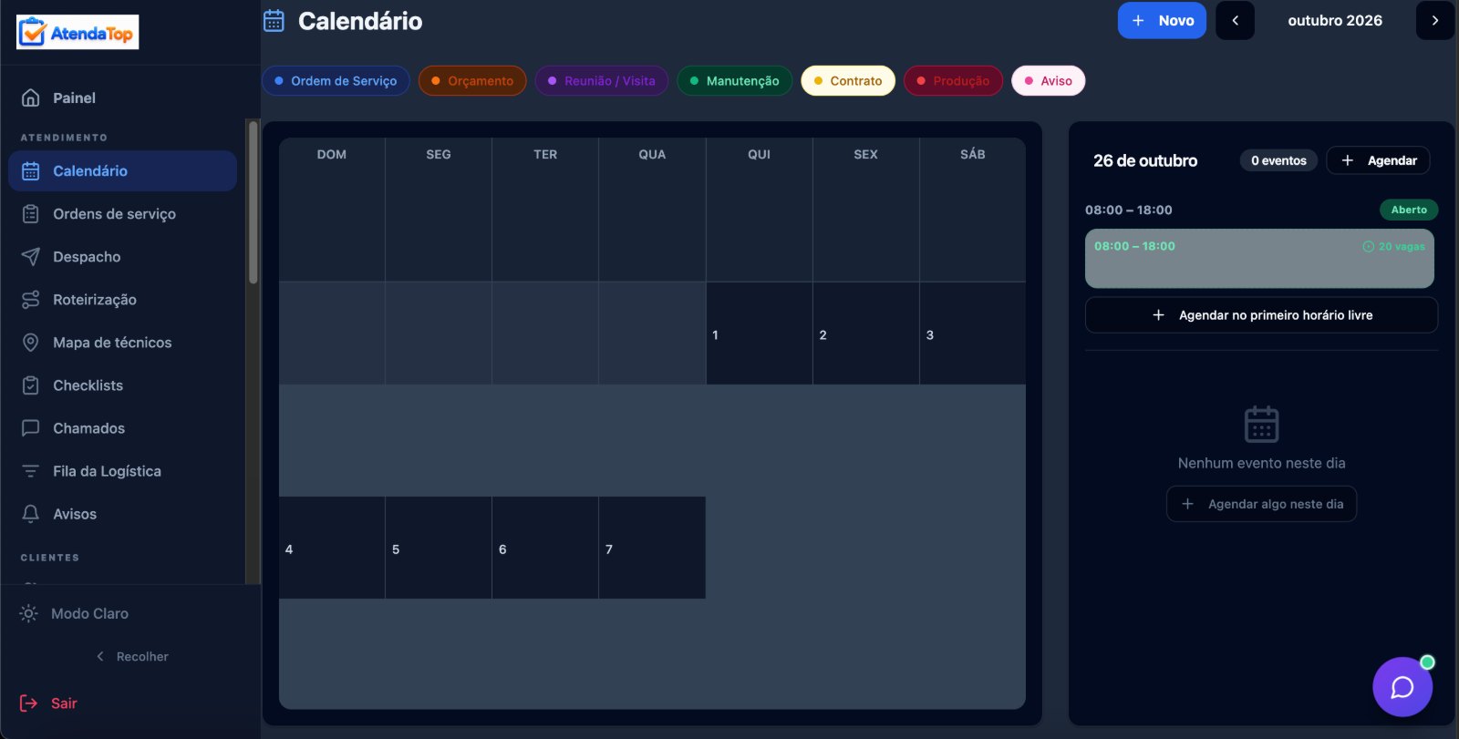 Tela do calendário de agendamentos
