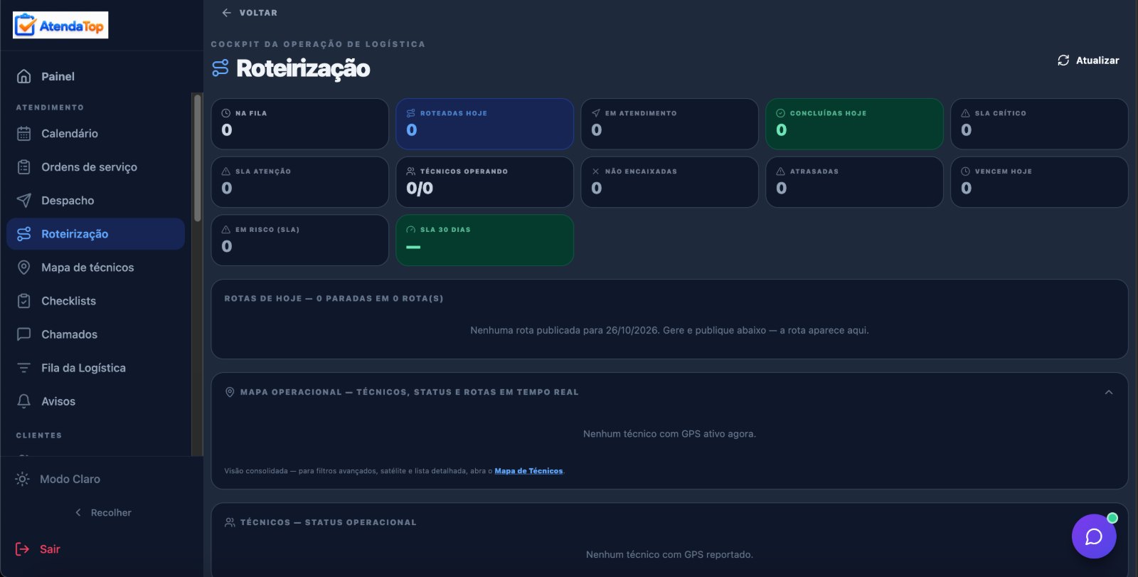Tela de roteirização e SLA