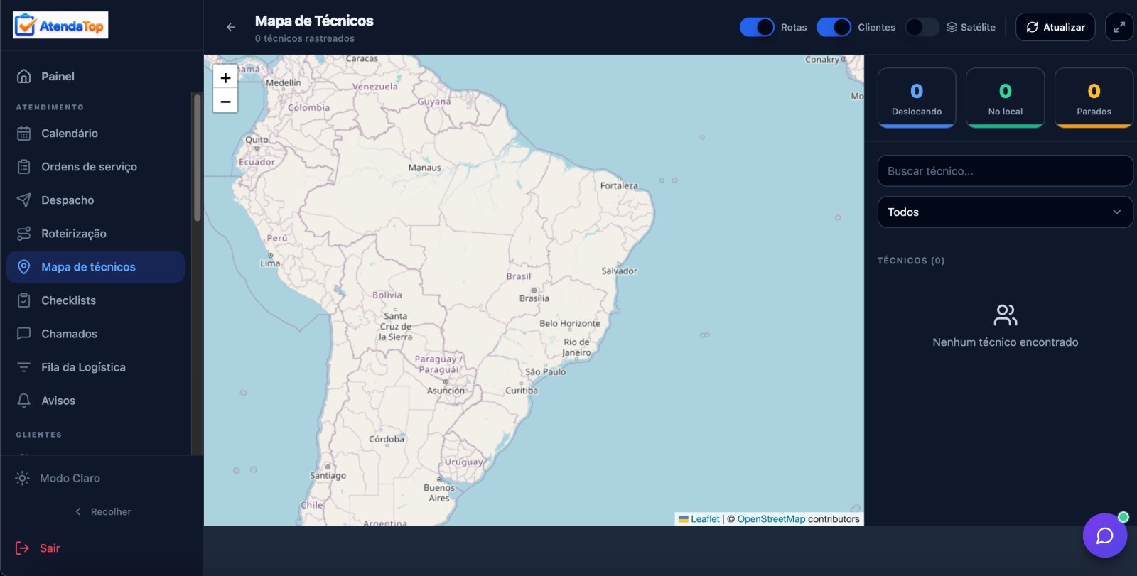 Tela do mapa de técnicos