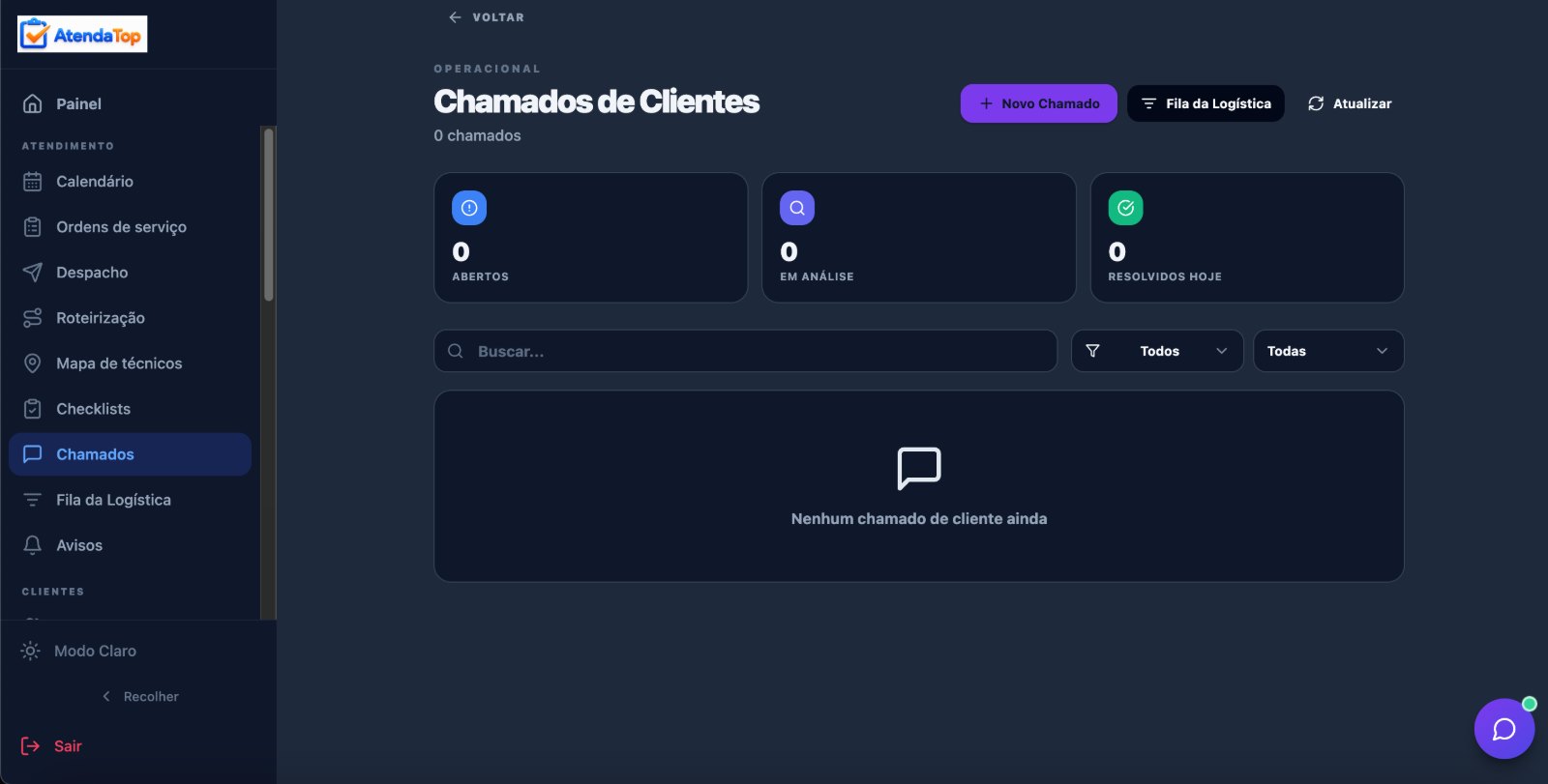 Tela de chamados de clientes